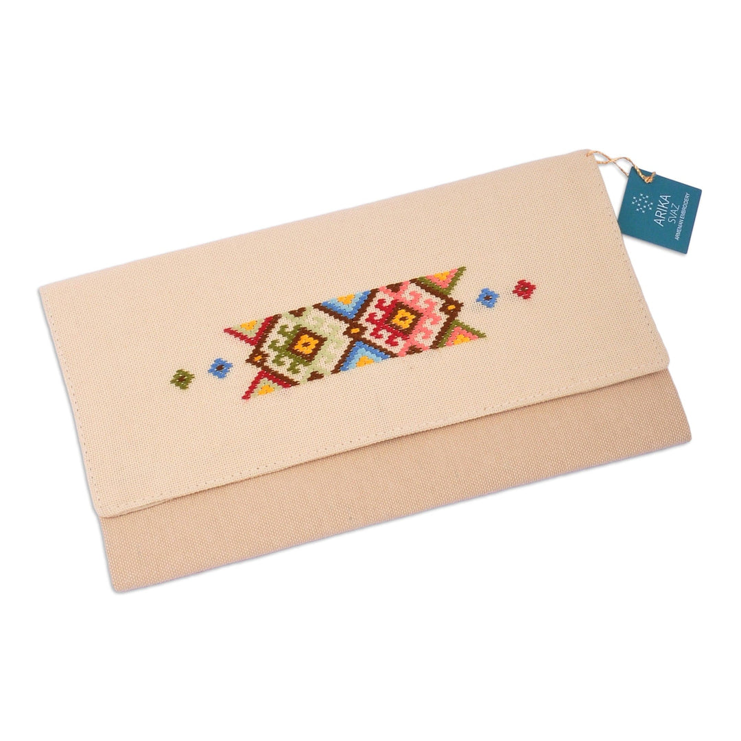 Beige Cotton Clutch With Geometric Svaz Embroidery Accent - Svaz Dame