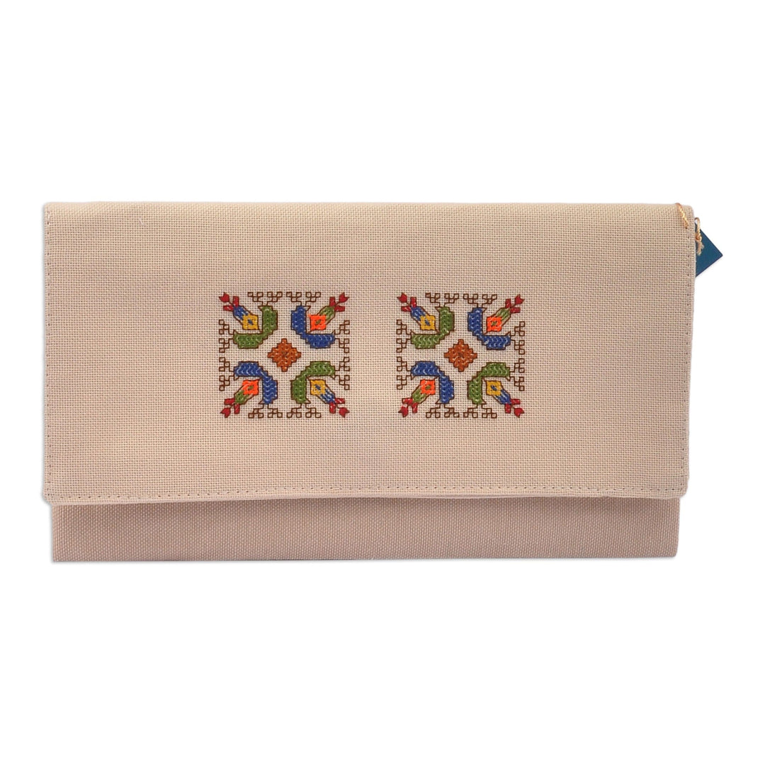 Beige Cotton Clutch With Geometric Van Embroidery Accent - Van Dame