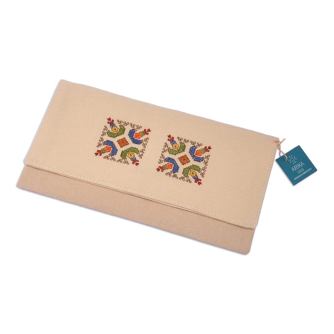 Beige Cotton Clutch With Geometric Van Embroidery Accent - Van Dame