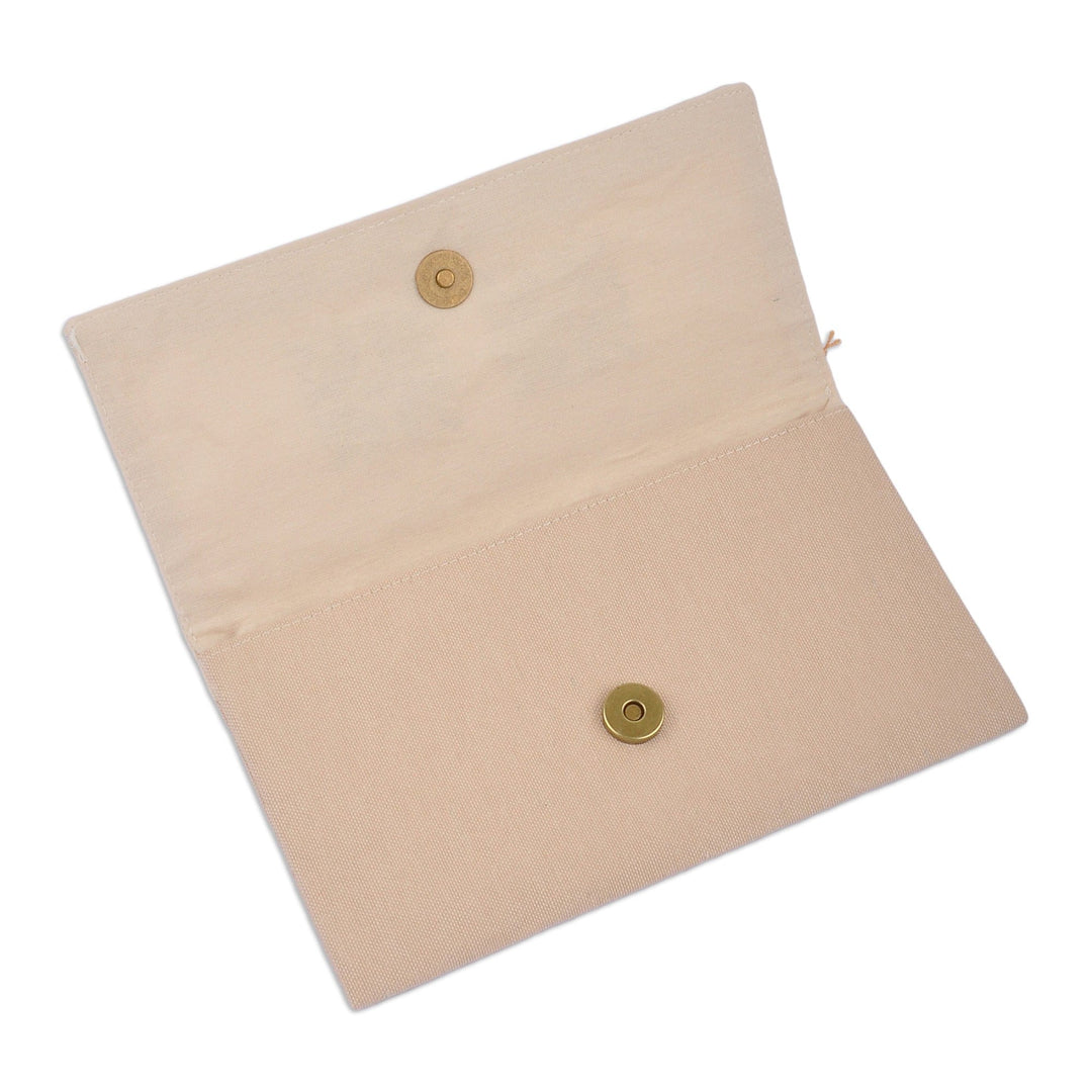 Beige Cotton Clutch With Geometric Van Embroidery Accent - Van Dame