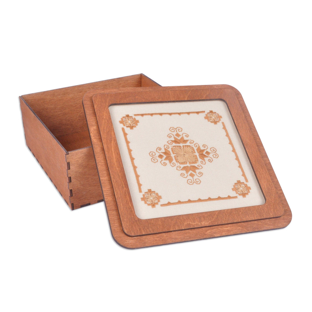 Handmade Wood Jewelry Box with Embroidered Motif on Lid - Monastery Garden