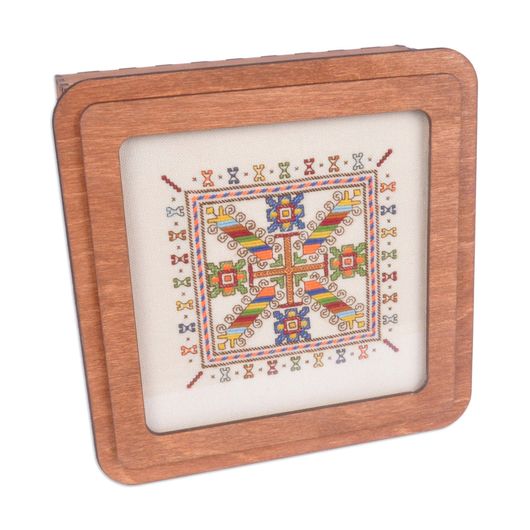 Wood Jewelry Box with Cotton Embroidered Motif on the Lid - Spectacular Colors