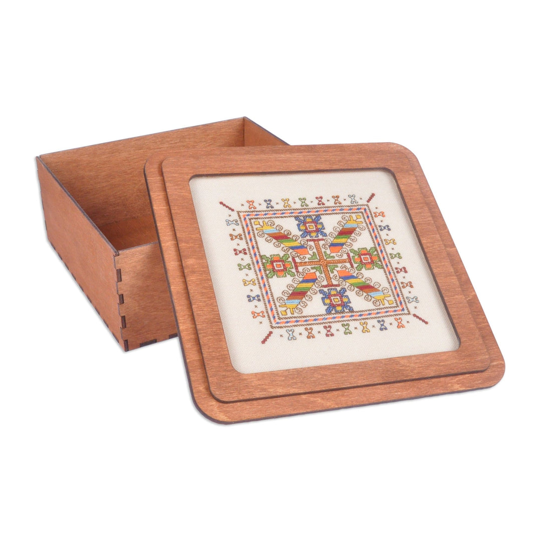 Wood Jewelry Box with Cotton Embroidered Motif on the Lid - Spectacular Colors