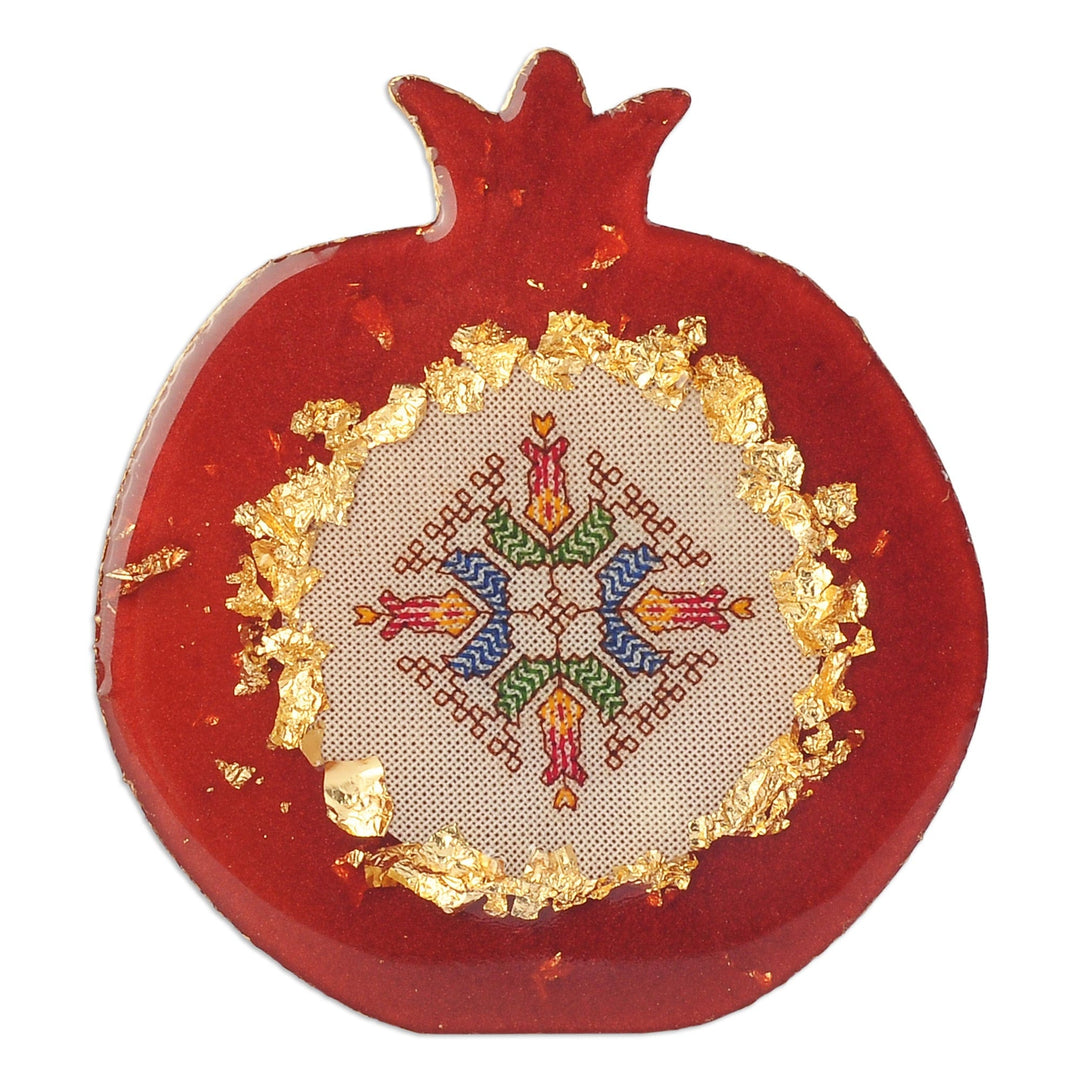 Resin Catchall with Embroidery & Golden Accents from Armenia - Pomegranate Delight