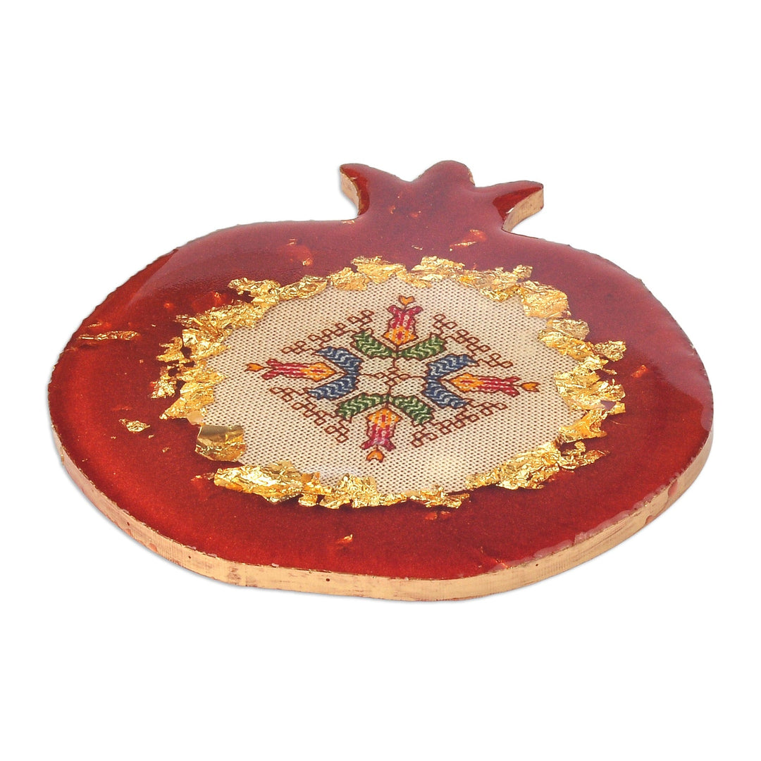Resin Catchall with Embroidery & Golden Accents from Armenia - Pomegranate Delight