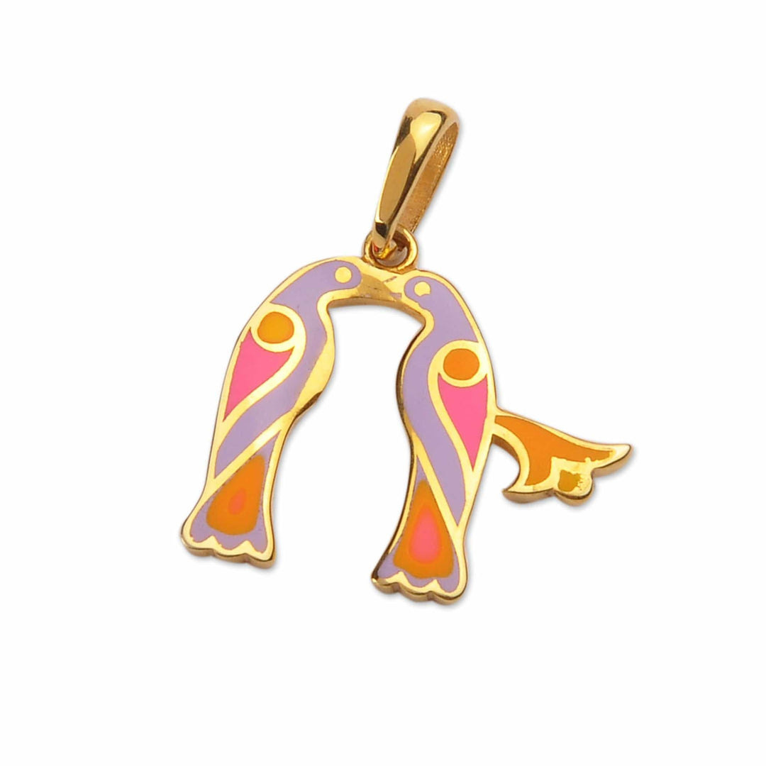 Folk Art Bird-Themed Gold-Plated Pendant with Pink Rr Letter - Pink Birds of Armenia
