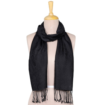 Solid Black Silk Scarf with Dangling Fringes Made in - Onyx Magic