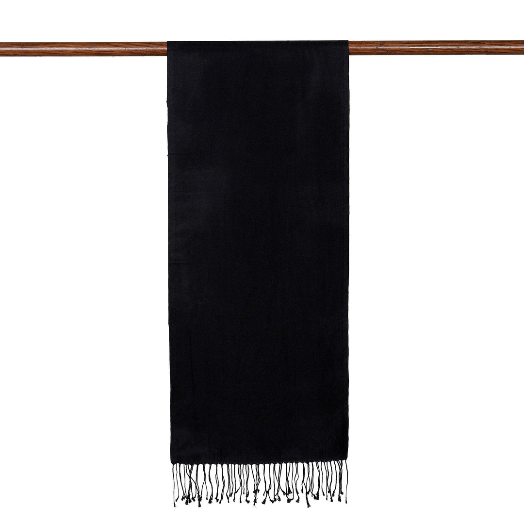 Solid Black Silk Scarf with Dangling Fringes Made in - Onyx Magic