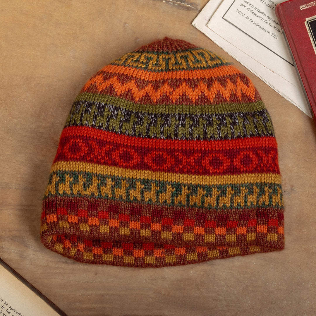 Warm-Toned Reversible Alpaca Blend Hat Handwoven in Peru - Spontaneous Orange