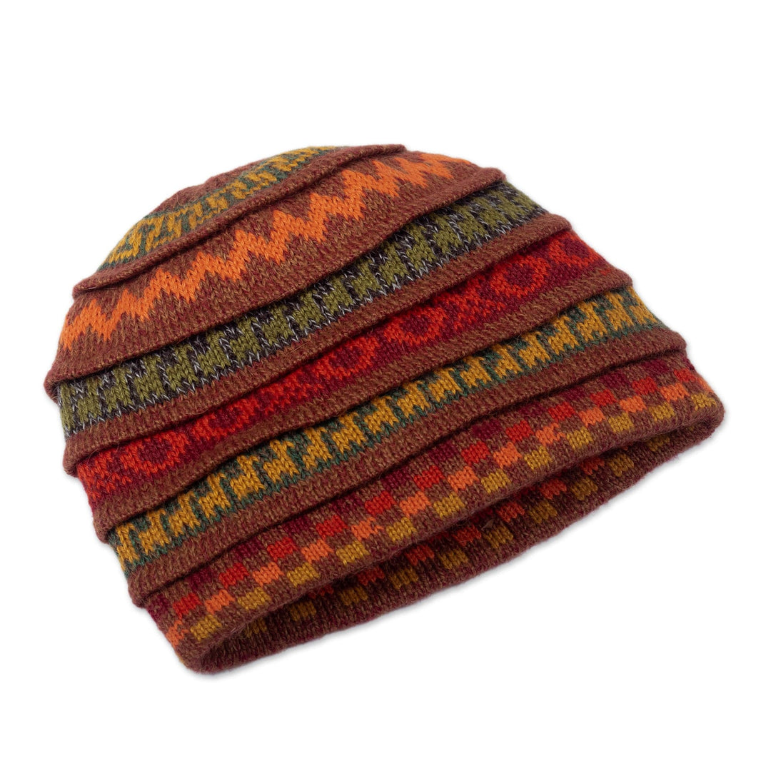 Warm-Toned Reversible Alpaca Blend Hat Handwoven in Peru - Spontaneous Orange