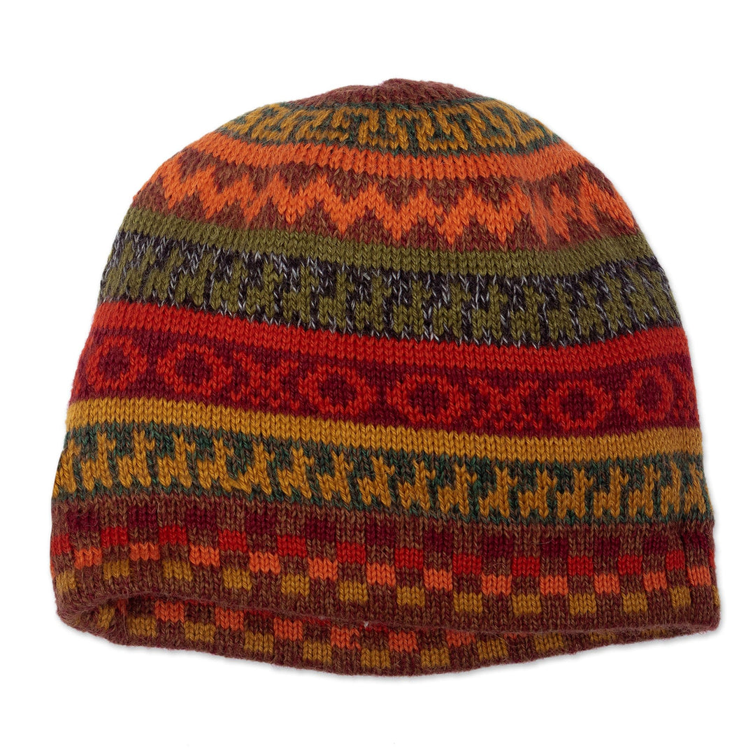 Warm-Toned Reversible Alpaca Blend Hat Handwoven in Peru - Spontaneous Orange