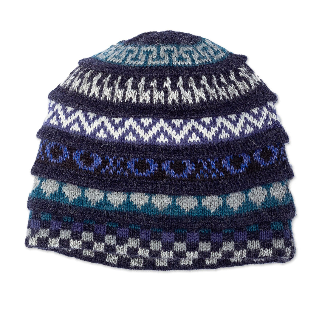Cool-Toned Reversible Alpaca Blend Hat Handwoven in Peru - Spontaneous Indigo
