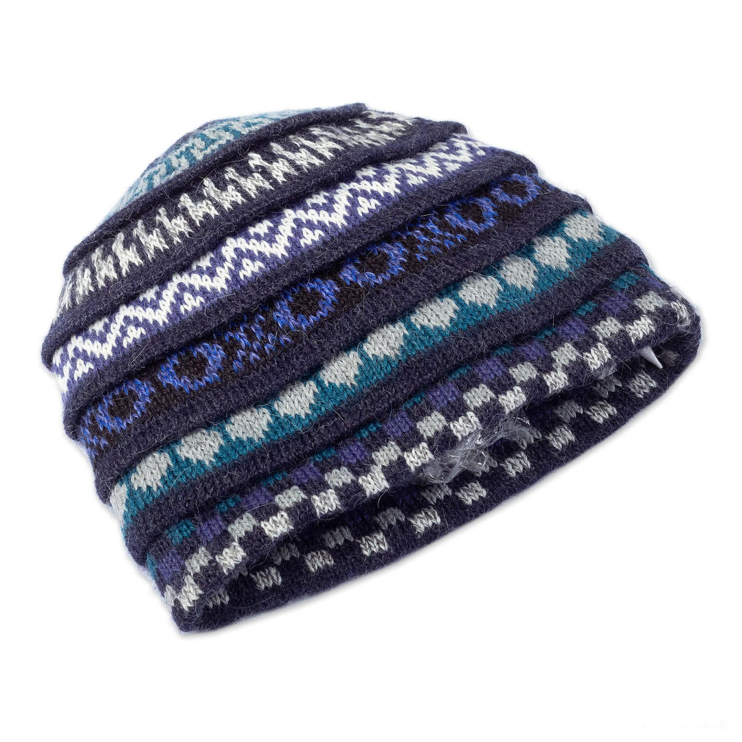 Cool-Toned Reversible Alpaca Blend Hat Handwoven in Peru - Spontaneous Indigo