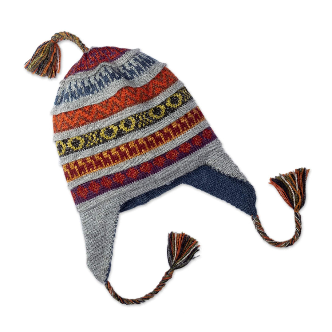 Handwoven Reversible Grey and Blue Alpaca Blend Chullo Hat - Wintry Adventure