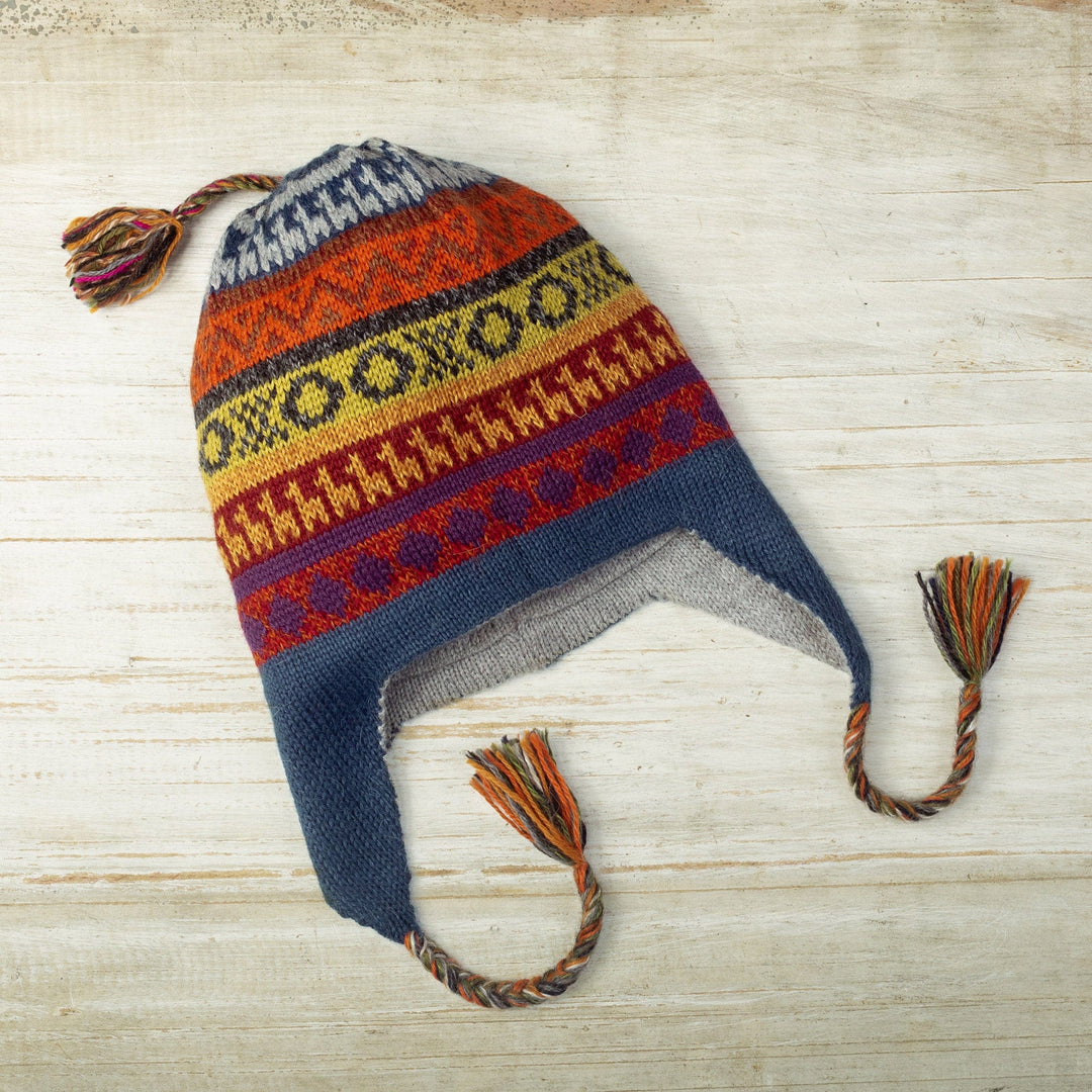 Handwoven Reversible Grey and Blue Alpaca Blend Chullo Hat - Wintry Adventure