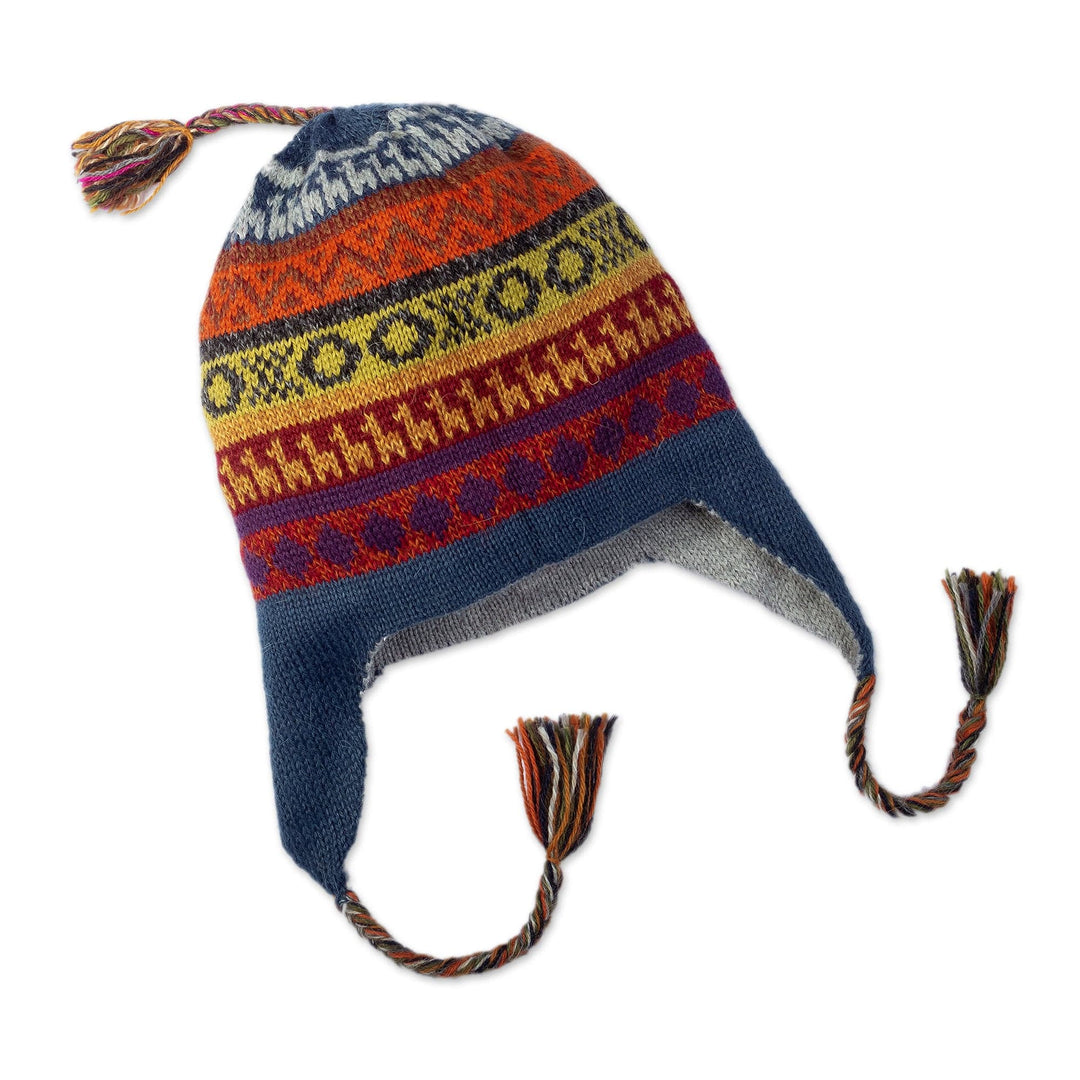 Handwoven Reversible Grey and Blue Alpaca Blend Chullo Hat - Wintry Adventure