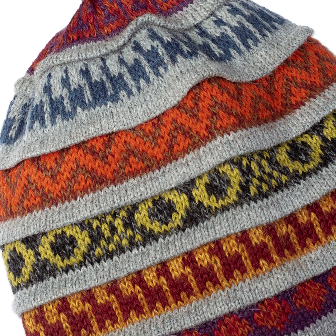 Handwoven Reversible Grey and Blue Alpaca Blend Chullo Hat - Wintry Adventure