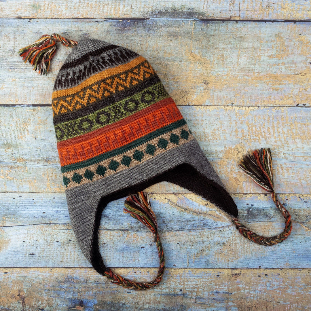 Handwoven Reversible Black and Grey Alpaca Blend Chullo Hat - Nocturnal Adventure