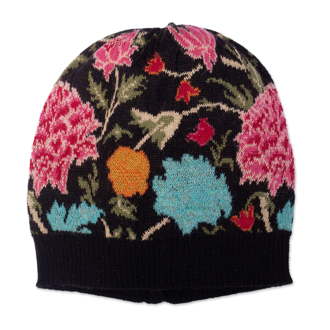 Floral 100% Baby Alpaca Hat in an Onyx Base Hue Made in Peru - Primaveral Onyx