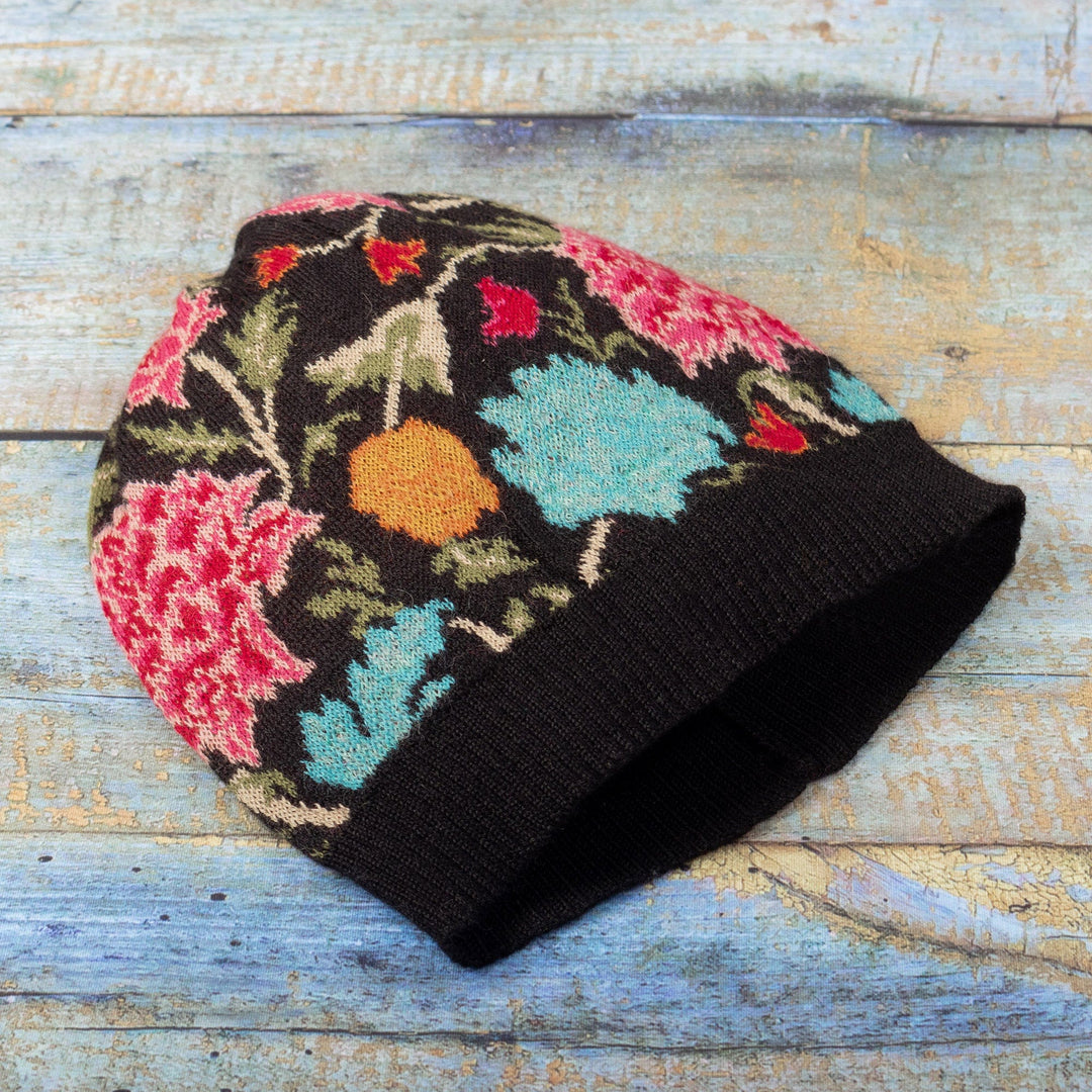 Floral 100% Baby Alpaca Hat in an Onyx Base Hue Made in Peru - Primaveral Onyx