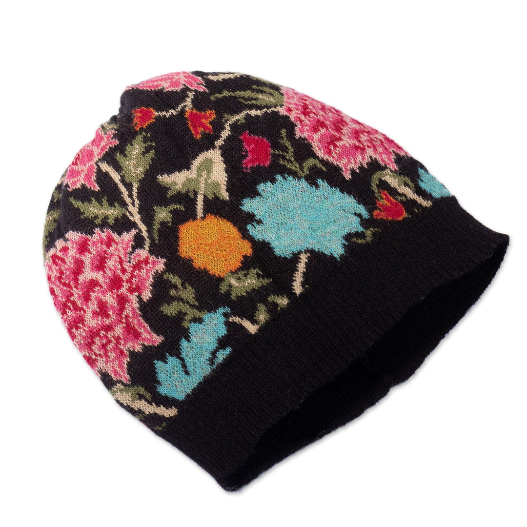 Floral 100% Baby Alpaca Hat in an Onyx Base Hue Made in Peru - Primaveral Onyx