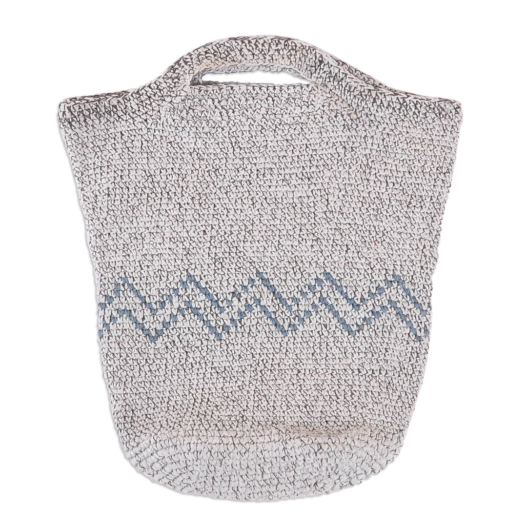 Crocheted Tote Bag in Grey and Aqua with Wavy Pattern - Wavy Vibe