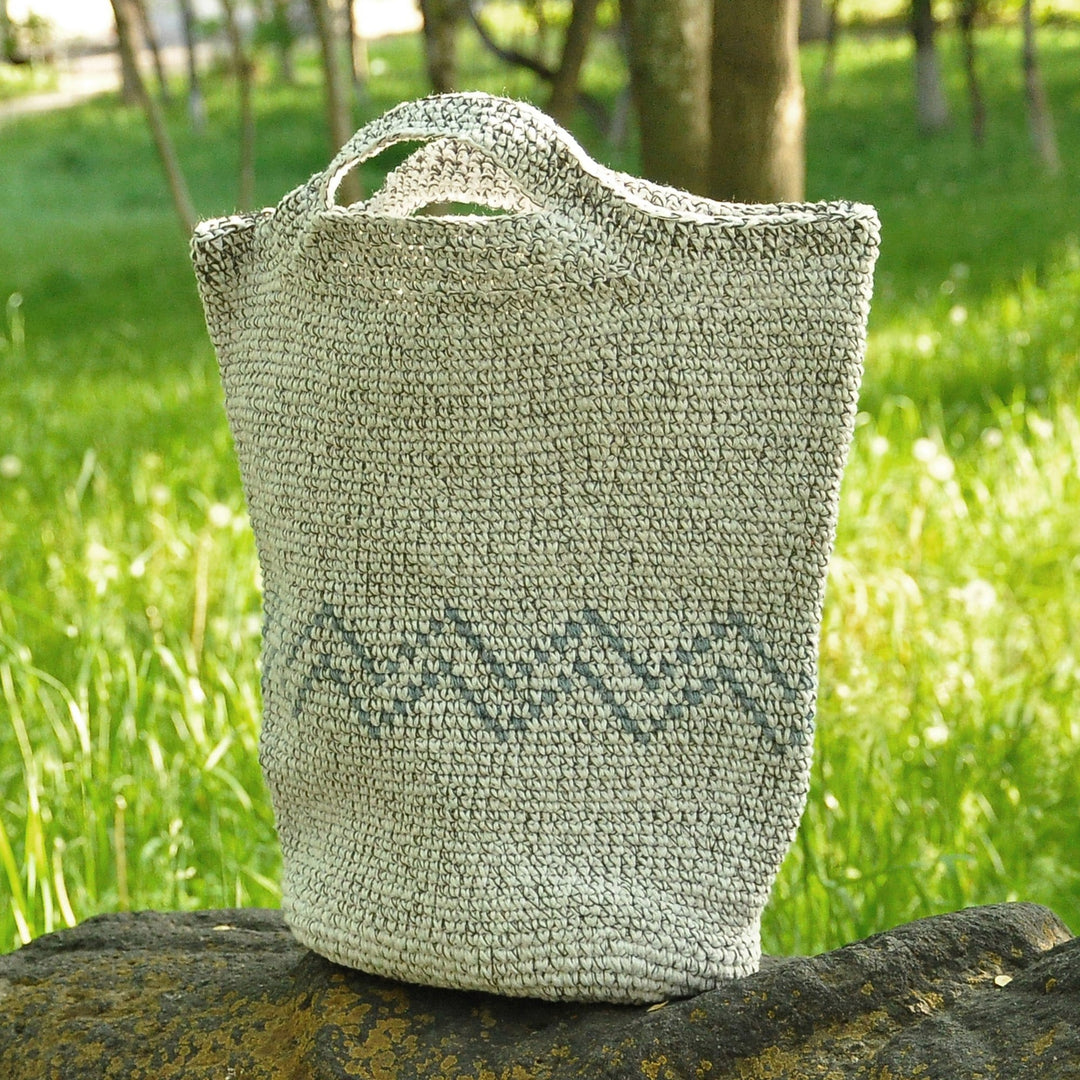 Crocheted Tote Bag in Grey and Aqua with Wavy Pattern - Wavy Vibe