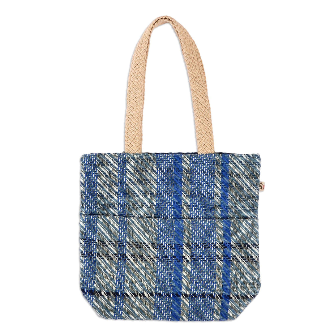 Blue and White Striped Wool Tote Bag Hand-Woven in Armenia - Delightful Blue