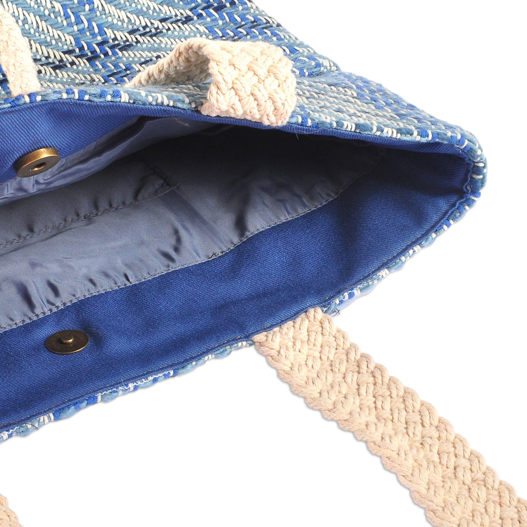Blue and White Striped Wool Tote Bag Hand-Woven in Armenia - Delightful Blue