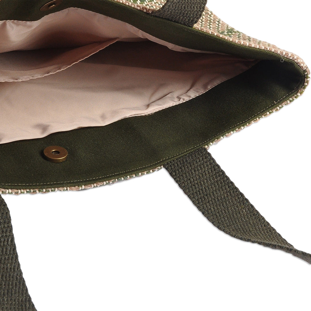 Teal Beige and White Wool Tote Bag Hand-Woven in Armenia - Fashionable Flair
