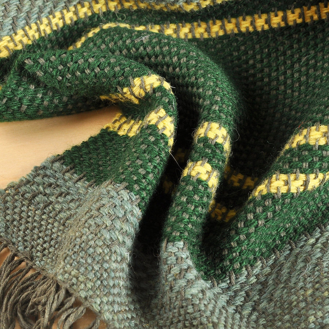 Hand-Woven Striped Wool Throw in Green & Yellow from Armenia - Cozy Green