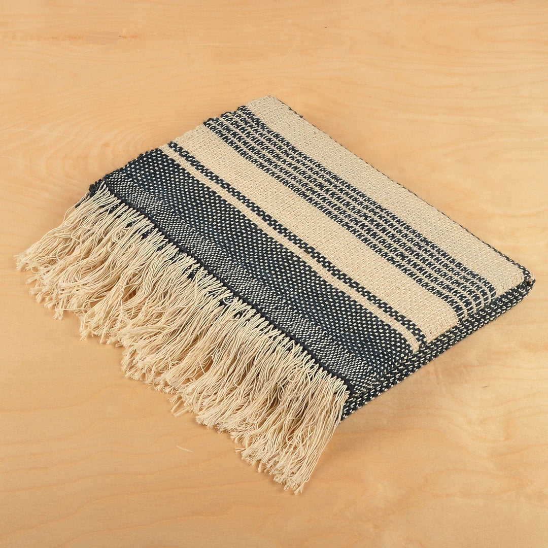 Hand-Woven Striped Wool Throw in Blue and Ivory from Armenia - Cozy Indigo