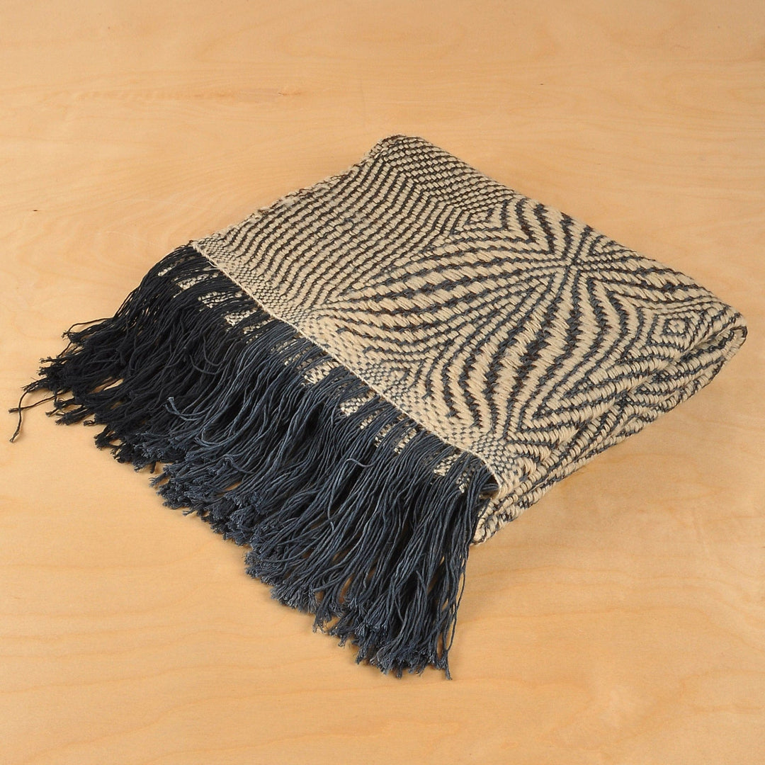 Hand-Woven Wool Throw in Blue Black and Ivory from Armenia - Cozy Blue & Black