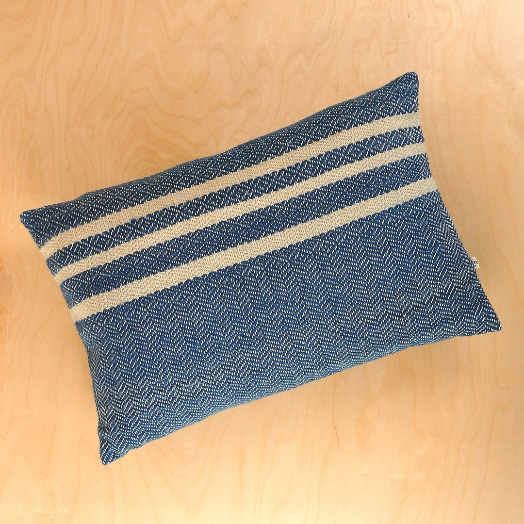 Indigo and Ecru Wool Cushion Cover with Geometric Motifs - Indigo Signals