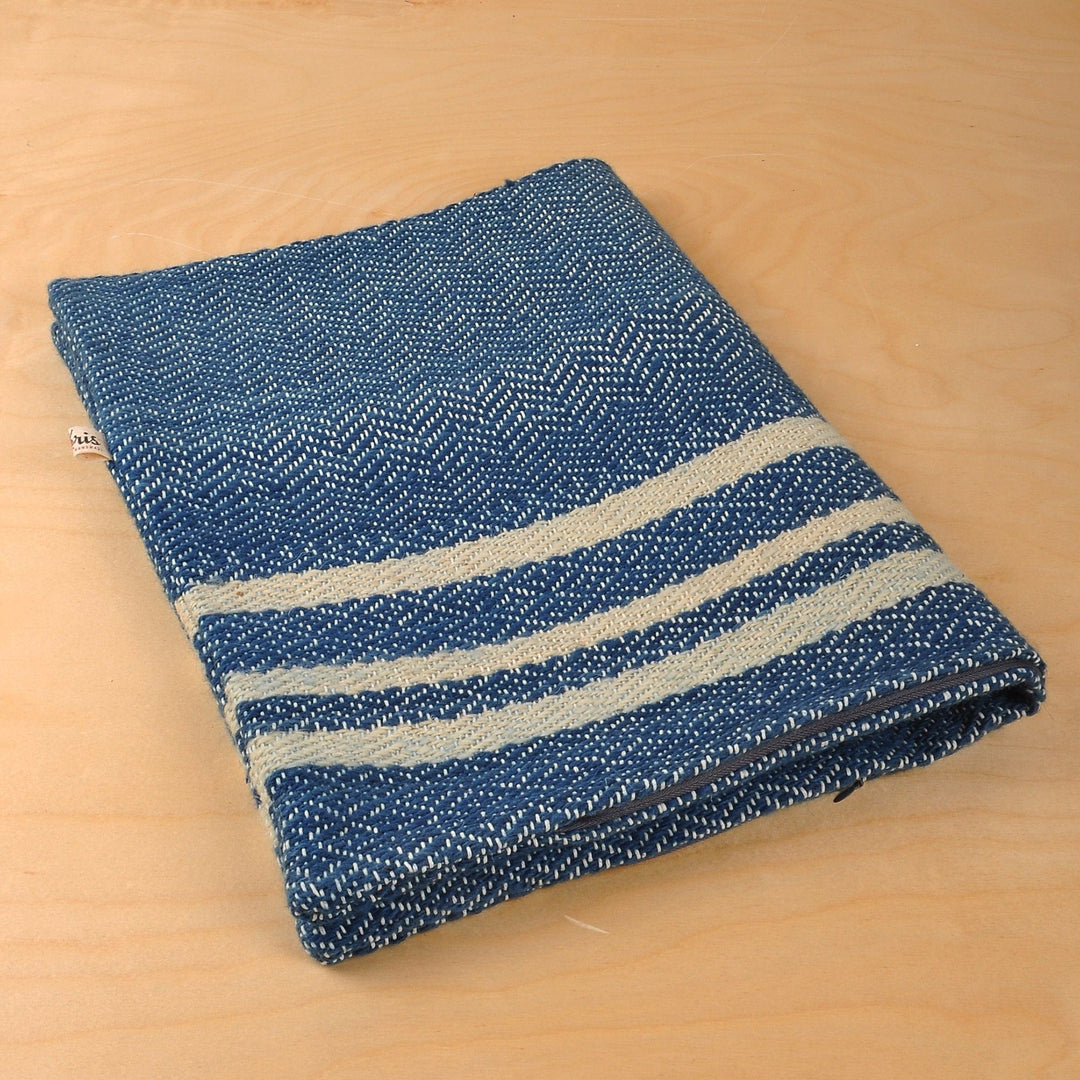 Indigo and Ecru Wool Cushion Cover with Geometric Motifs - Indigo Signals