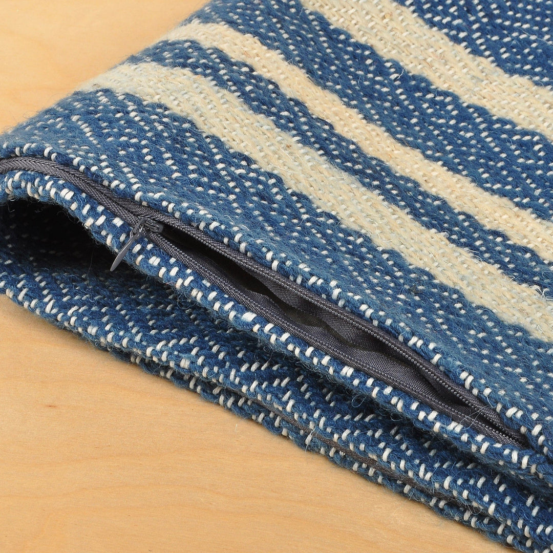 Indigo and Ecru Wool Cushion Cover with Geometric Motifs - Indigo Signals