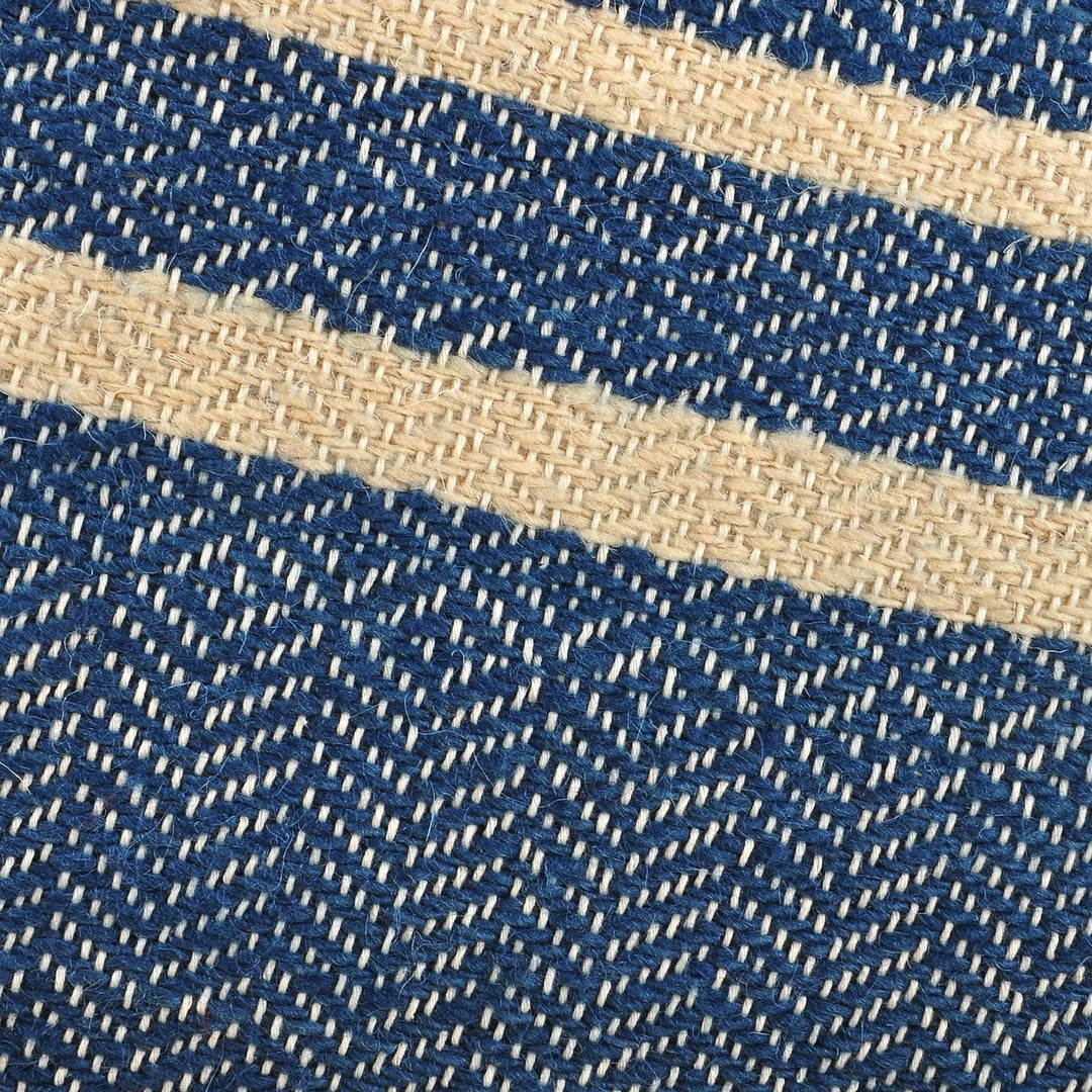 Indigo and Ecru Wool Cushion Cover with Geometric Motifs - Indigo Signals