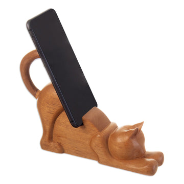 Cat-Themed Hand-Carved Cedar Wood Phone Holder - Convenient Cunning