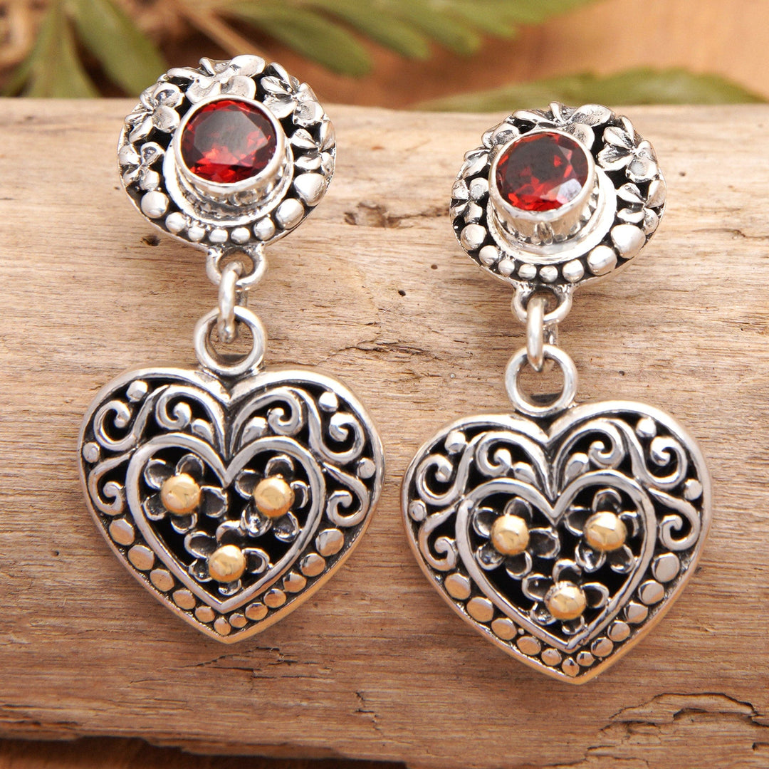 925 Silver Heart Dangle Earrings with Garnet & Gold Accents - Frangipani Heart