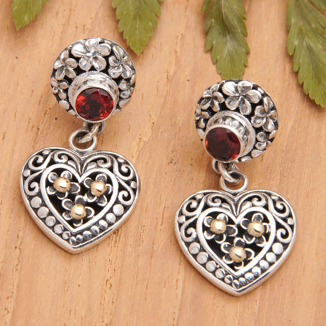 925 Silver Heart Dangle Earrings with Garnet & Gold Accents - Frangipani Heart