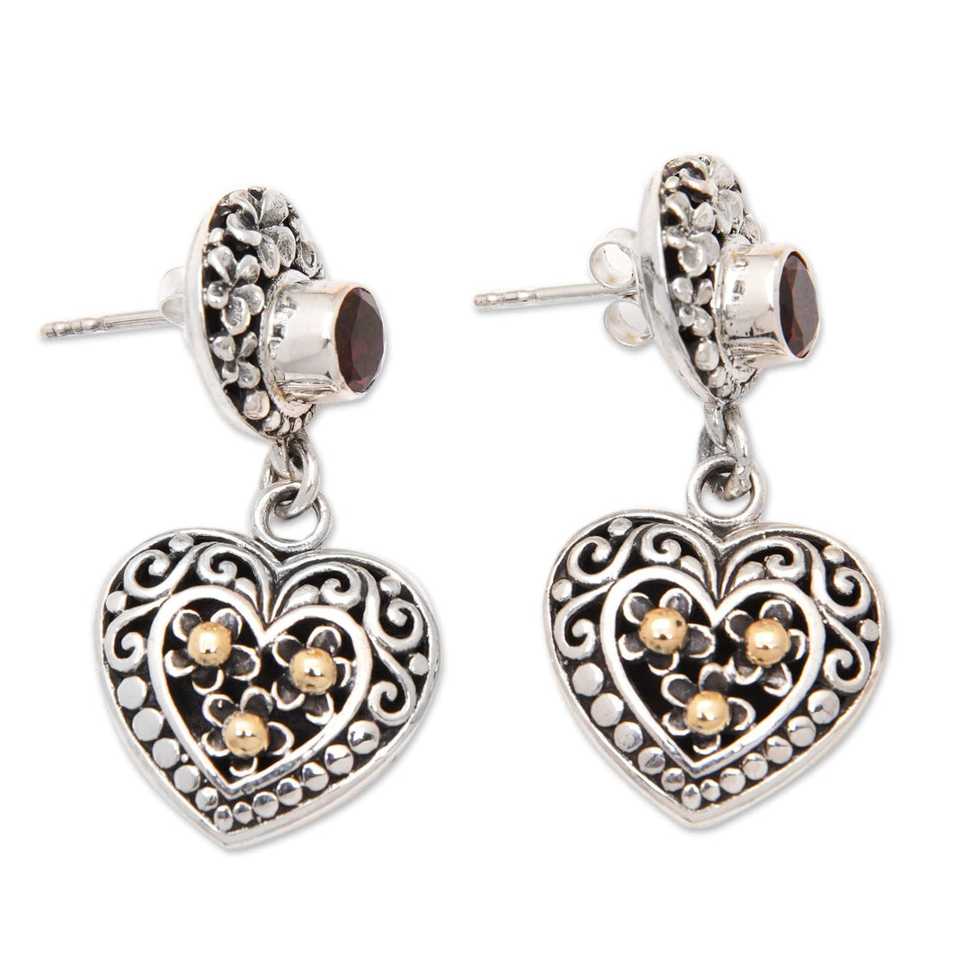925 Silver Heart Dangle Earrings with Garnet & Gold Accents - Frangipani Heart