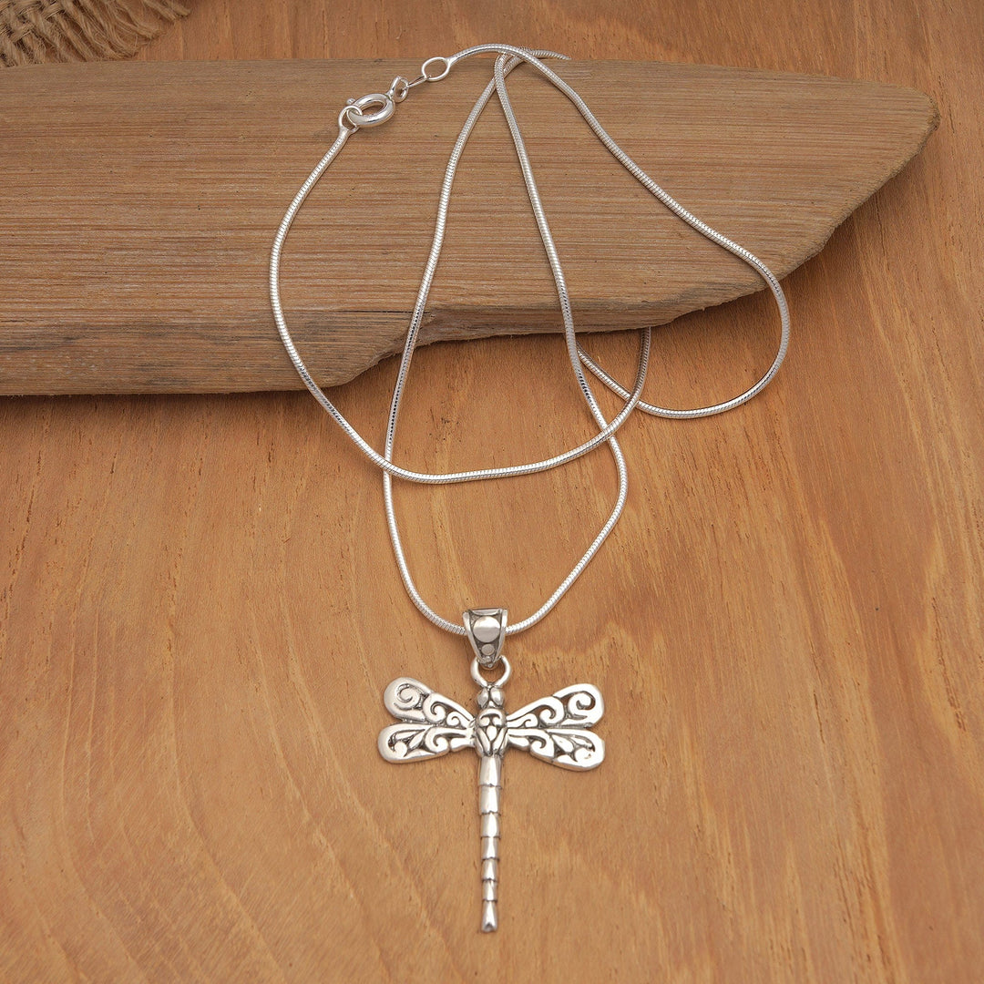 Dragonfly-Themed Sterling Silver Pendant Necklace from Bali - Gianyar Dragonfly