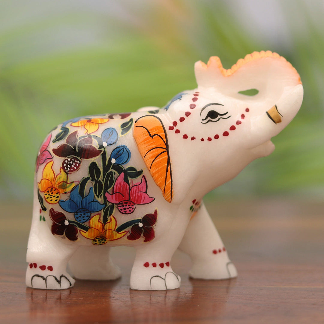 Hand-Painted Floral Soapstone Elephant Figurine from India - Elephant Salute