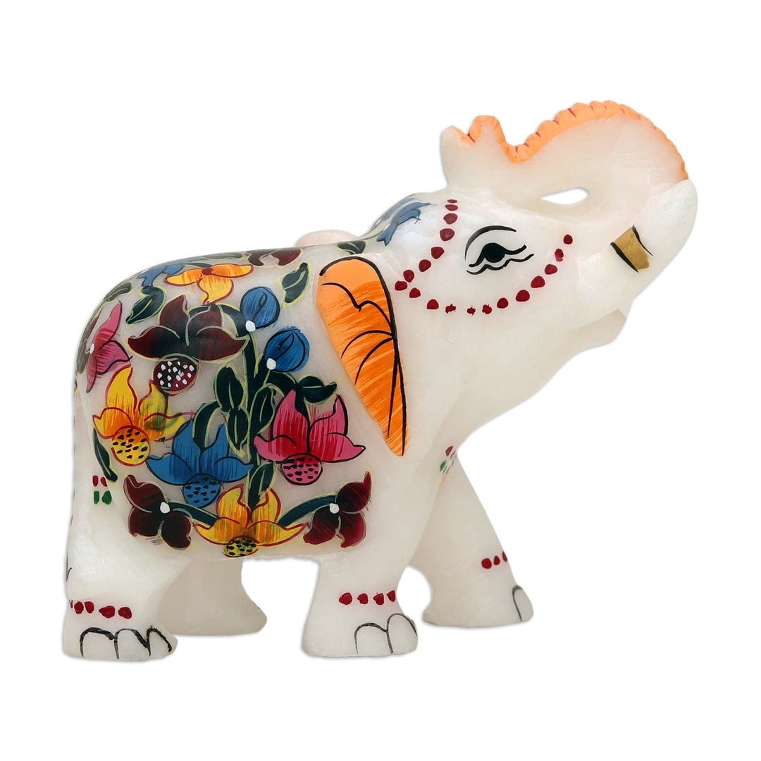 Hand-Painted Floral Soapstone Elephant Figurine from India - Elephant Salute
