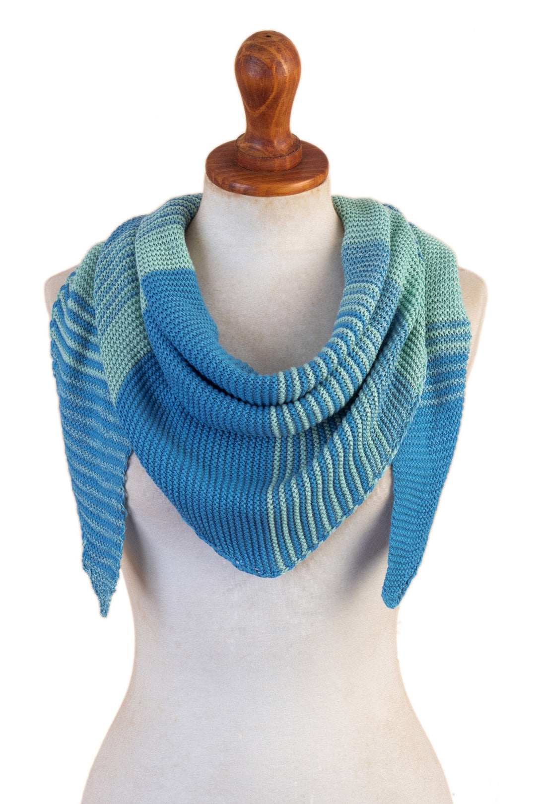 Blue & Aqua Cotton Blend Scarf Hand-Knit in Triangle Shape - Spectacular Sea