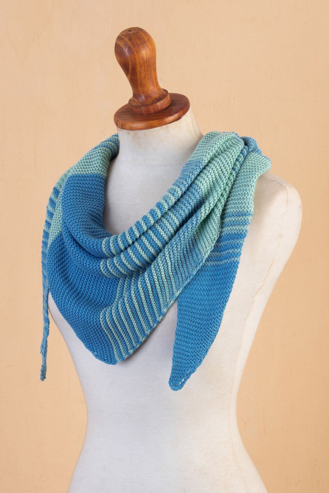 Blue & Aqua Cotton Blend Scarf Hand-Knit in Triangle Shape - Spectacular Sea