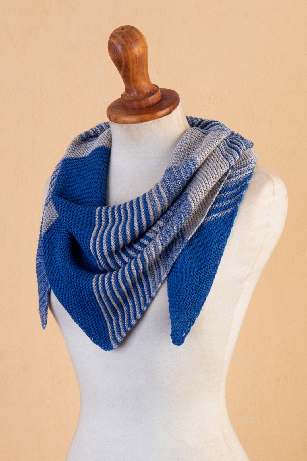 Blue & Grey Cotton Blend Scarf Hand-Knit in Triangle Shape