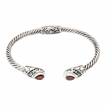 Balinese Sterling Silver Cuff Bracelet with Garnet Gems - Perseverance Fates