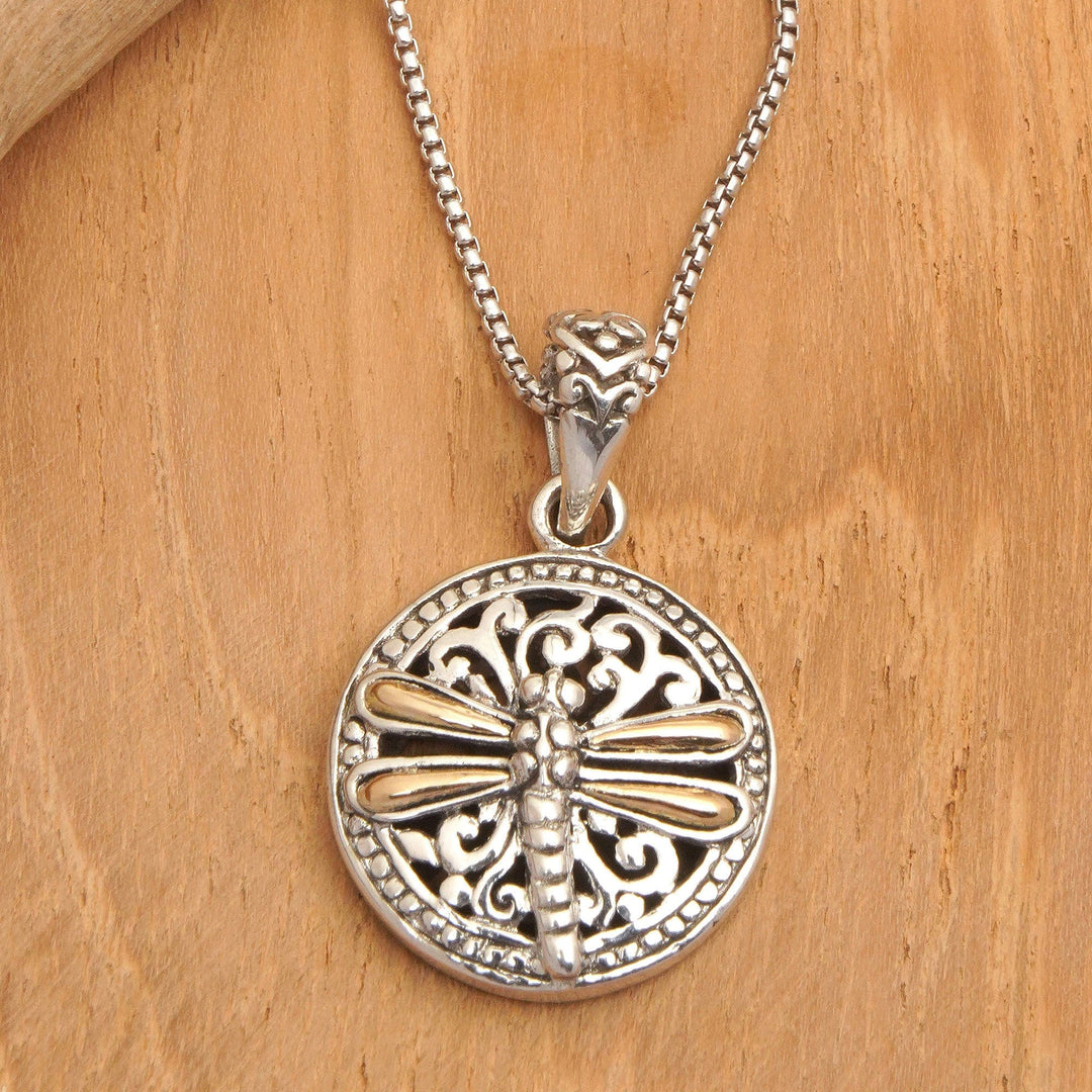18k Gold-Accented Round Dragonfly Pendant Necklace from Bali - Dragonfly Eden