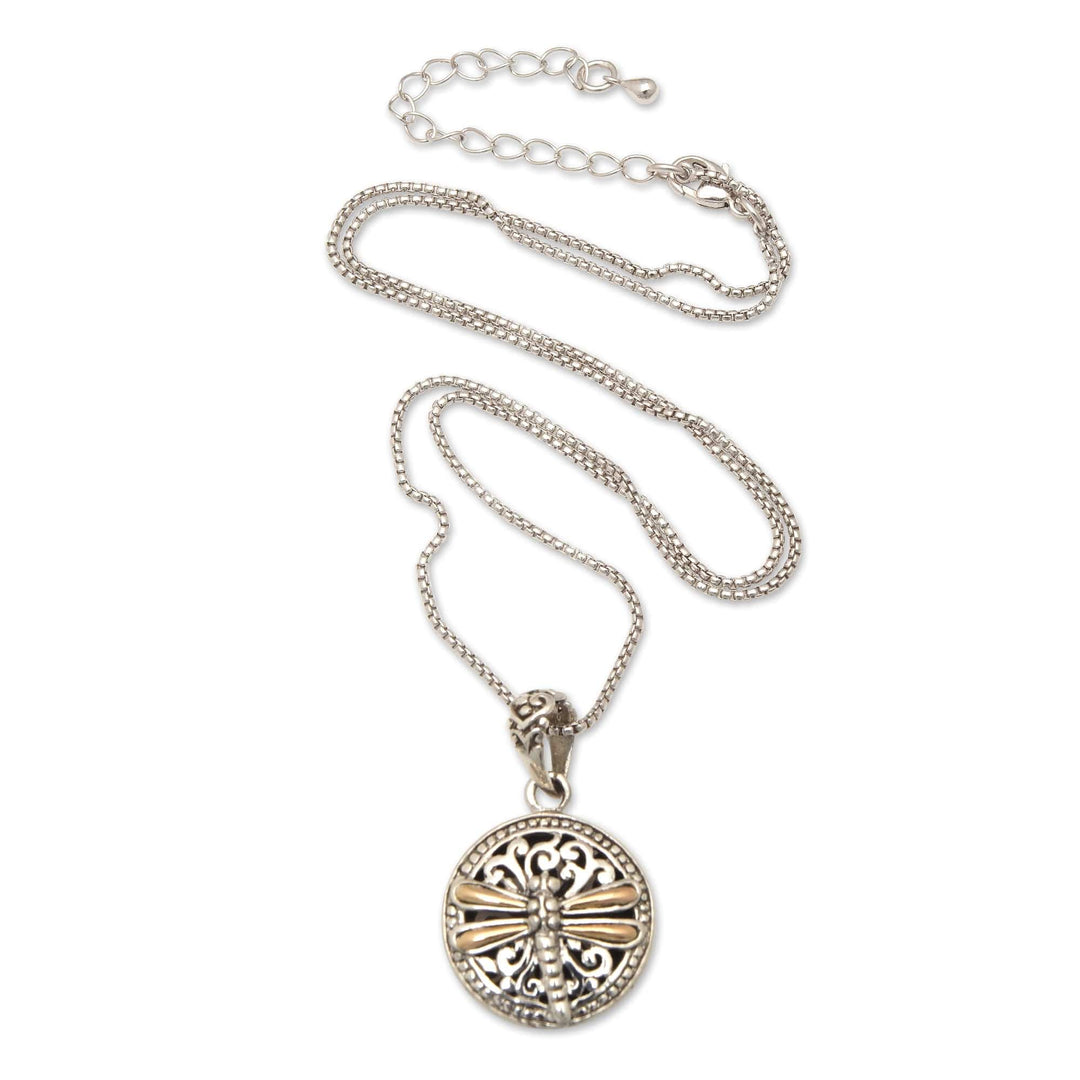18k Gold-Accented Round Dragonfly Pendant Necklace from Bali - Dragonfly Eden